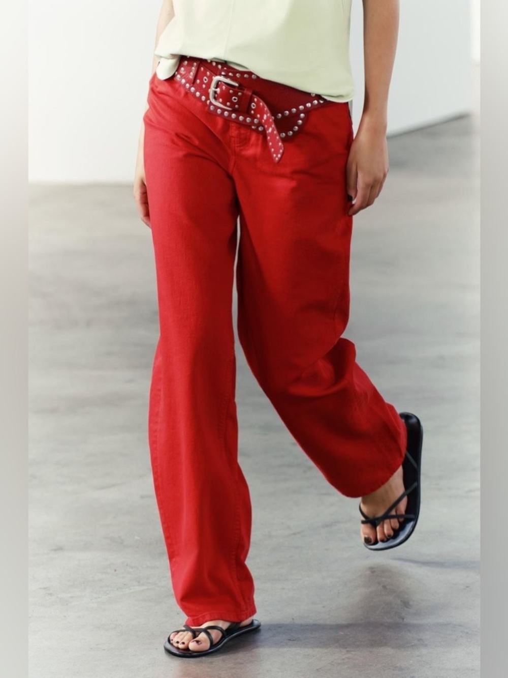 Zara The High Rise Wide Leg Red 100% Cotton Pants NWT